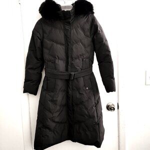 Women's Long Black Hooded Coat with Belt